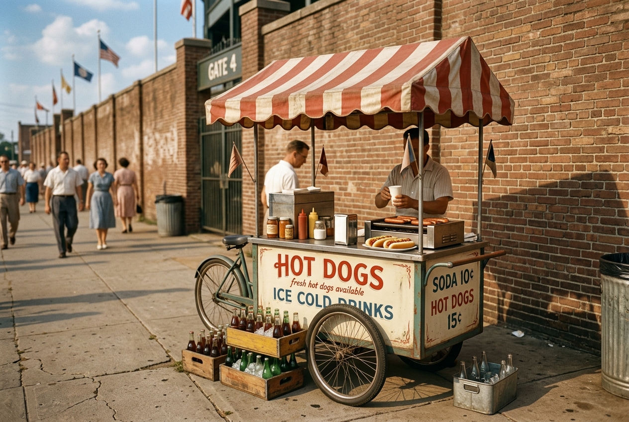 A vintage hot-dog concession cart outside a ballpark