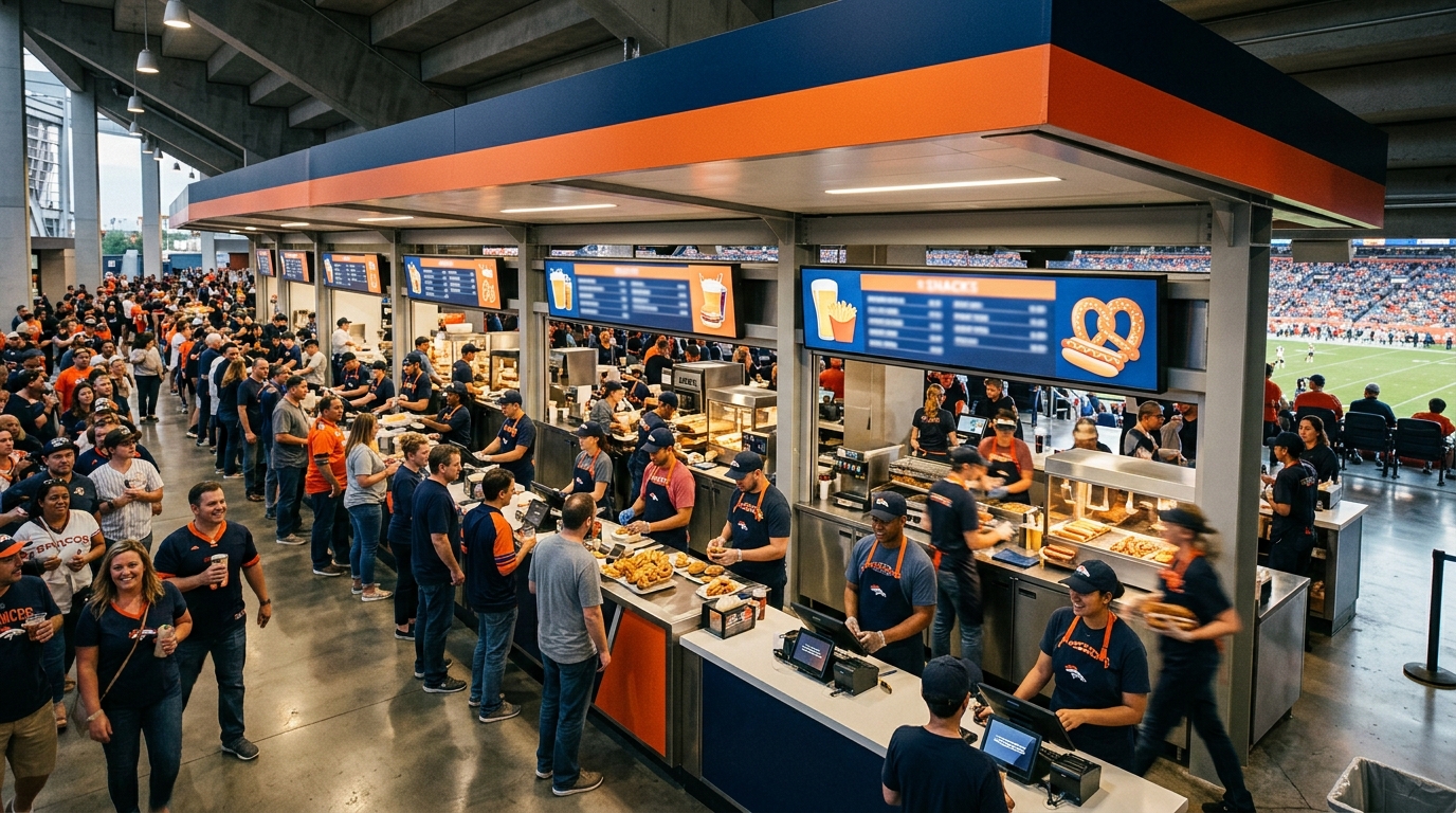 A concession crew working a busy stadium concourse stand on event day
